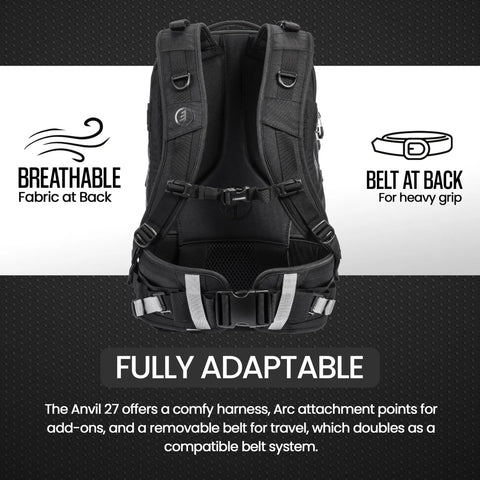 Back view of Anvil 27 Camera Backpack For Photographers With Laptop Compartment And Tripod Holder highlighting straps and fabric.