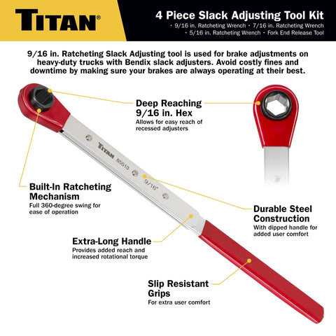 Slack Adjusting Tool And Wrench Kit Four Piece Set For Heavy Duty Truck Brakes With 9/16 Inch Ratcheting Wrench