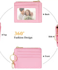 Slim RFID Blocking Wallet For Women With Front Pocket Card Case, 6 Card Slots, ID Window, Zipper Cash Pocket, Keychain Ring, Chic Pink