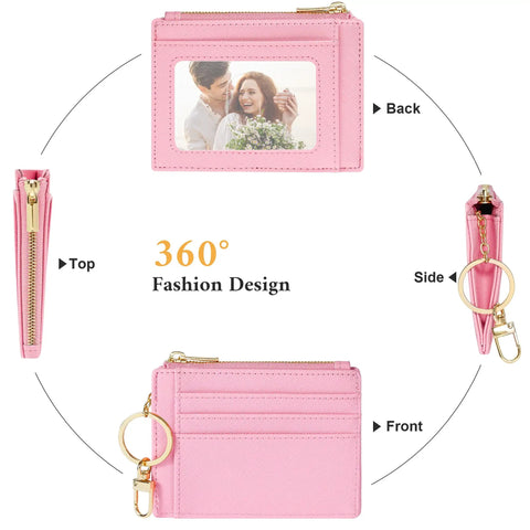 Slim RFID Blocking Wallet For Women With Front Pocket Card Case, 6 Card Slots, ID Window, Zipper Cash Pocket, Keychain Ring, Chic Pink