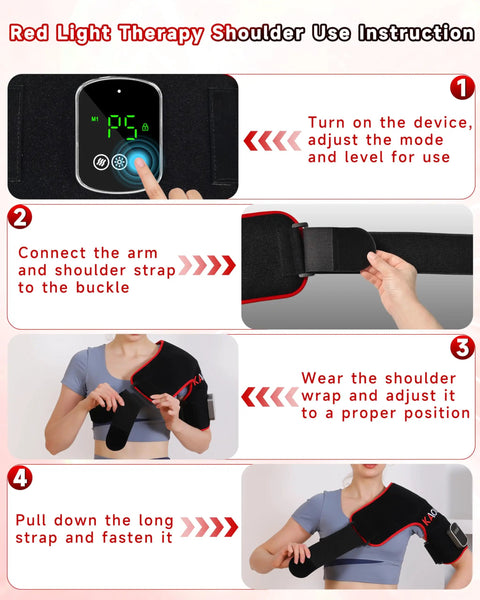 Instructions for using the Cordless Red Light Therapy Shoulder Wrap With Vibration Massage And Heated Pad 5000mAh Rechargeable Massager.