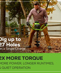 Man using 60V Brushless Earth Auger For Post Holes And Gardens, Heavy Duty Digger With 59 Ft Lb Torque And 210 Max RPM outdoors