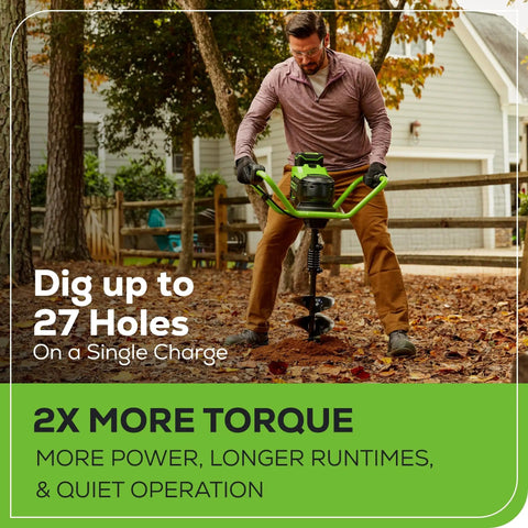 Man using 60V Brushless Earth Auger For Post Holes And Gardens, Heavy Duty Digger With 59 Ft Lb Torque And 210 Max RPM outdoors