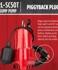 Red sump pump with piggyback plug and float switch, 10 ft cord shown on left, suitable for maintenance and testing.