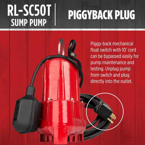 Red sump pump with piggyback plug and float switch, 10 ft cord shown on left, suitable for maintenance and testing.