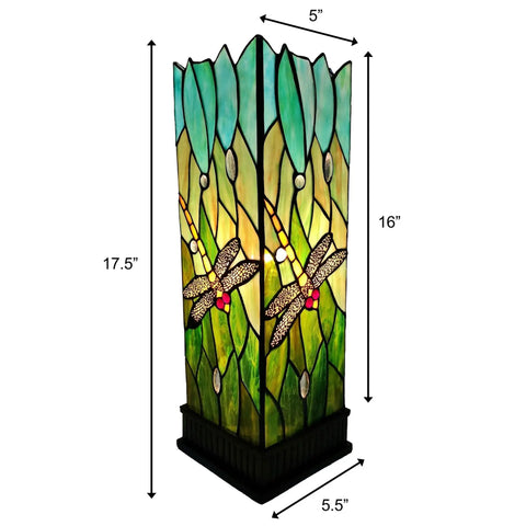 Tiffany Style Dragonfly Stained Glass Lamp For Bedside Table Desk Or Piano, green yellow dragonfly pattern, 18in tall, 5.5in wide