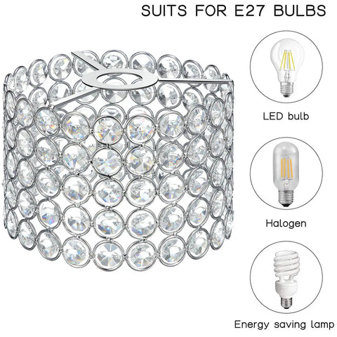 Crystal Lamp Shade For Ceiling Lights Dainty Chandelier Lampshade Fitting For Living Room Bedroom Bathroom Weddings And Parties Warm White Glow That Slaps E27 Socket 7x7x4.3 Inches Silver Finish Bulb Not Included, chrome and crystal design, shown with E27 bulb types.