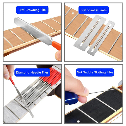 All In One Guitar Setup Tool Kit With Carry Bag For Bass Ukulele Banjo Pro Grade Fret Crowning File Fret Rocker String Winder Neck Feeler Truss Rod Adjuster Premium Luthier Repair And Maintenance Gear, fretboard guards and files