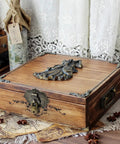 Antique Bronze Jewelry Box Hinge Hasps Lock Kit on vintage wooden case with retro engraved decorative hardware