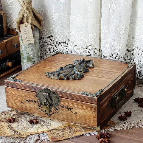 Antique Bronze Jewelry Box Hinge Hasps Lock Kit on vintage wooden case with retro engraved decorative hardware