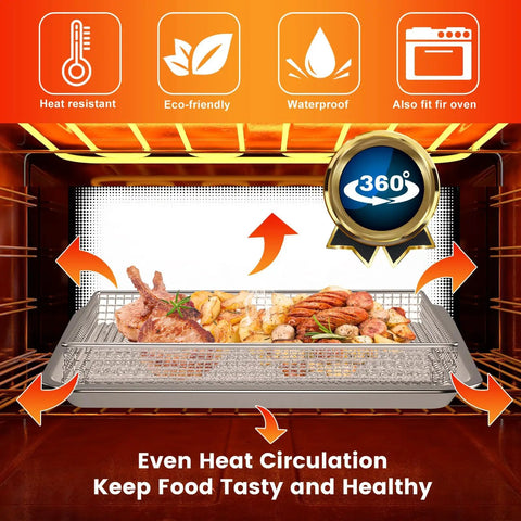 Air Fryer Tray Replacement For TOA-60 TOA-65 TOA-70 Convection Oven with food, nonstick mesh basket, even heat circulation.
