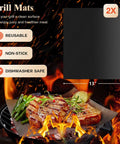 Close-up of reusable non-stick grill mats with steak and vegetables, part of 26-Piece Grilling Tools Set For Men And Dads, Fathers Day Gift Ready, Heavy Duty Stainless Steel BBQ Utensils Kit With Apron, Thermometer, Mats In Brown Aluminum Case, All-In-One Outdoor Cooking Gear For Grill Masters.