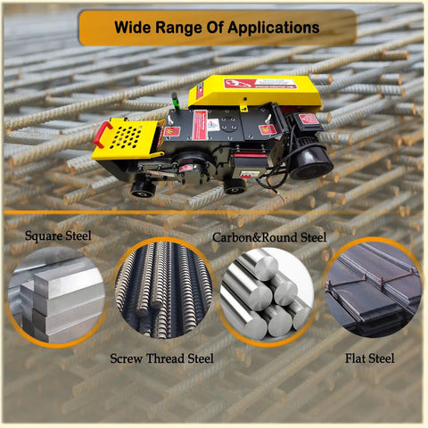 Electric Steel Rebar Cutter Heavy Duty Metal Bar Cutting Machine for Reinforcing Steel Cuts Round Bars from 0.24 to 1.4 Inches with Foot Pedal 2870 RPM 3 KW 220V Three Phase shown cutting various steel types