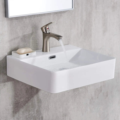 Wall Mount Bathroom Sink, Small White Rectangular Ceramic Vessel Sink For Modern Baths, 20 By 17 Inch, shown with faucet on