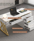 Dope White Executive Desk With Deep Drawers And Usb Charging Station, 47 Inch Modern Office Workstation with marble glass top.