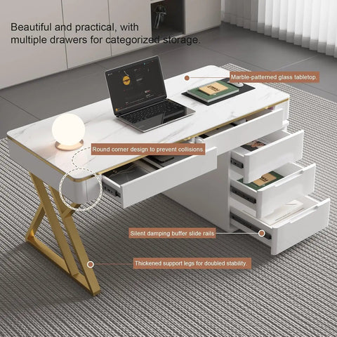 Dope White Executive Desk With Deep Drawers And Usb Charging Station, 47 Inch Modern Office Workstation with marble glass top.