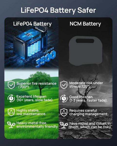 Comparison of LiFePO4 battery and NCM battery features in Go To 1800W Portable Solar Generator With 1382Wh LiFePO4 Battery.