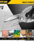 10 Inch Aviation Tin Snips With High Leverage Dual Pivot Cr-Mo Cutters cutting metal sheet, multi-purpose use illustration.