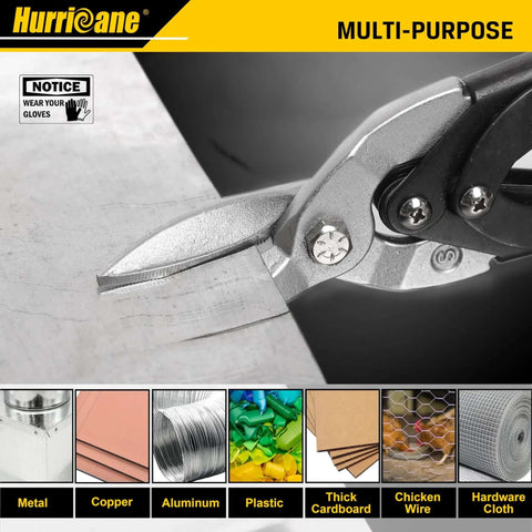 10 Inch Aviation Tin Snips With High Leverage Dual Pivot Cr-Mo Cutters cutting metal sheet, multi-purpose use illustration.