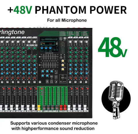 Close-up of 16 Channel Bluetooth Audio Mixer with USB Recording, showing controls and 48V Phantom Power feature.