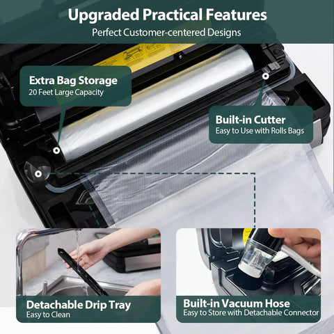 Image of All In One Vacuum Sealer With AquaLock Technology For Moist Or Dry Foods showing bag storage, built-in cutter, and vacuum hose.