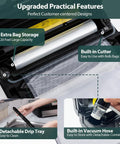 95kPa Vacuum Sealer With AquaLock Technology showing built-in cutter, extra bag storage, and detachable drip tray features