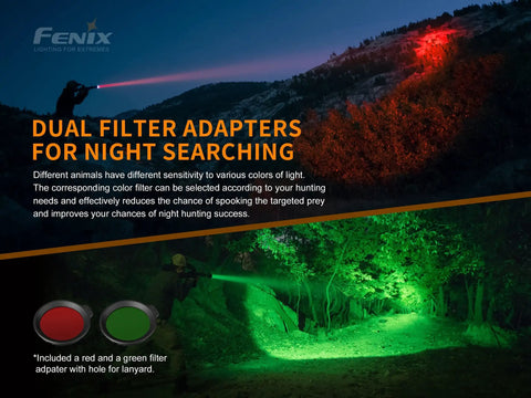 Image of Long-Range Rechargeable Hunting Flashlight 1500 Lumen with 1011 Yards Reach in use with red and green filter adapters.
