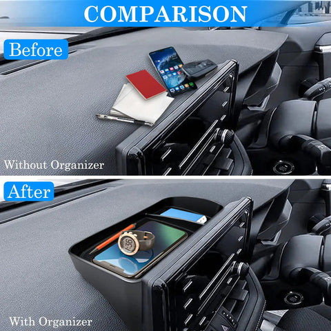 Toyota RAV4 Center Console Organizer Upgrade comparison with dash tray before and after installation, 2019-2025 models