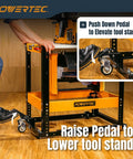 Flip Top Tool Stand With Caster Wheels, Mobile Workbench For Benchtop Power Tools, Heavy Duty Alloy Steel, demonstration of pedal use