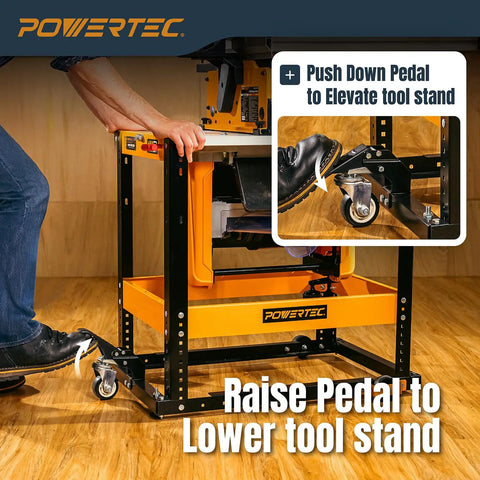 Flip Top Tool Stand With Caster Wheels, Mobile Workbench For Benchtop Power Tools, Heavy Duty Alloy Steel, demonstration of pedal use