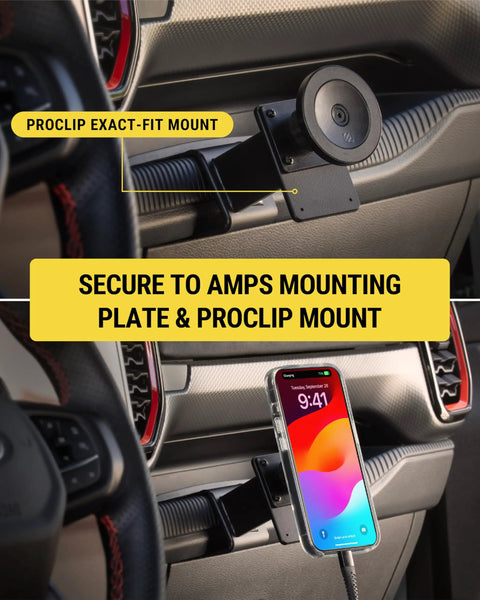 Heavy Duty MagSafe Car Mount And Tablet Holder with AMPS Plate installed in vehicle; holding iPhone 12 securely.