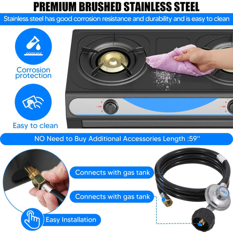Two Burner Propane Gas Stove With Auto Ignition, Portable Stainless Steel Outdoor Kitchen Cooker, easy to clean surface