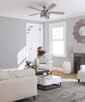 Carnegie 52 Inch Industrial Style Indoor LED Ceiling Fan with light and remote in a modern living room with dual finish blades.