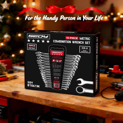 15 Piece Metric Combination Wrench Set 8mm To 22mm Chrome Vanadium Steel With Tough As Nails Coating and Knuckle Saving Grips on display.