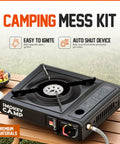 Dual Fuel Portable Camping Stove 3000W With Butane And Propane, auto ignition feature displayed on a wooden table
