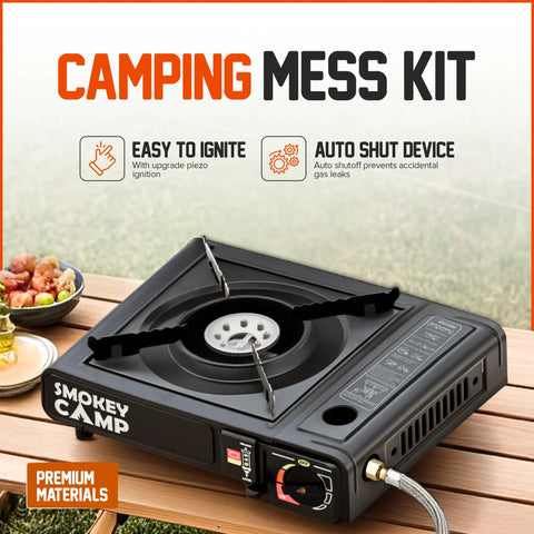 Dual Fuel Portable Camping Stove 3000W With Butane And Propane, auto ignition feature displayed on a wooden table
