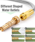 Stainless Steel Garden Hose With 4 Function Brass Nozzle, 50 Ft No Kink, showing 4 different spray modes for watering and cleaning.