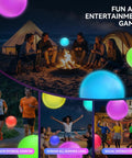 Image showing people enjoying 16 Inch LED Light Up Beach Balls 4 Pack With Remote Glow In The Dark Pool Toys at a campfire and beach setting.