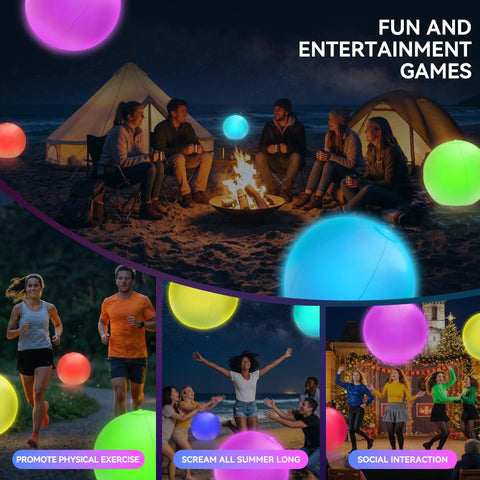 Image showing people enjoying 16 Inch LED Light Up Beach Balls 4 Pack With Remote Glow In The Dark Pool Toys at a campfire and beach setting.