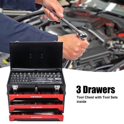 Mechanic using a wrench beside a heavy duty steel tool box with three drawers and ball bearing slides portable tool chest organizer lockable powder coated garage workshop storage cabinet for all your repair tools.