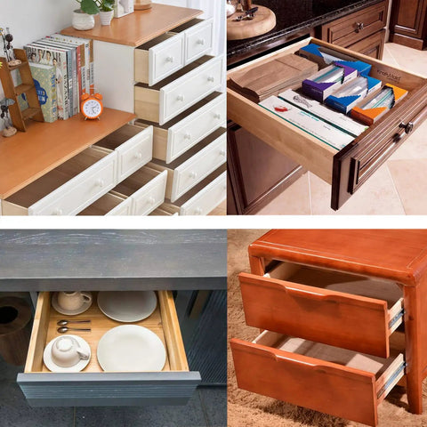 DIY Drawer Repair Kit With Heavy Duty Steel Brackets For Sagging Wooden Chipboard And MDF Drawers Middle Mount Reinforcement Hardware Includes Screws For Cabinets No Nonsense Fix in use with various drawer types including kitchen organizer and dresser.