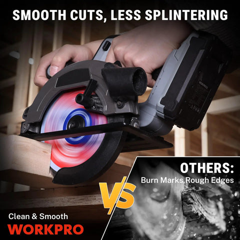 Comparison of WORKPRO circular saw with clean cuts and another with burn marks for 10 Inch 60T Fine Finish Woodworking Circular Saw Blade