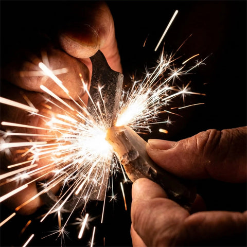 Sparks from Flint And Steel Fire Starter Kit With Hand Forged Carbon Steel Striker, English Flint Stone