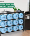 Heavy Duty 4 Tier Water Jug Rack With Top Shelf Holds Up To Nine 5-Gallon Bottles, Space Saving Storage For Garage, Shop, Man Cave, Or Home, Keeps Your Water Station Neat And Ready. Black steel rack with top shelf holding 12 blue 5-gallon jugs.