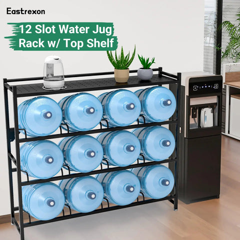 Heavy Duty 4 Tier Water Jug Rack With Top Shelf Holds Up To Nine 5-Gallon Bottles, Space Saving Storage For Garage, Shop, Man Cave, Or Home, Keeps Your Water Station Neat And Ready. Black steel rack with top shelf holding 12 blue 5-gallon jugs.