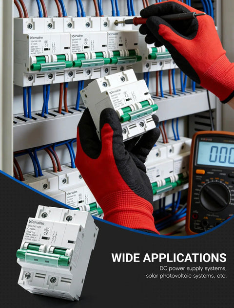 Person installing Non Polar DC Circuit Breaker 500V 2 Pole 125A DZ47NZ 125 2P DIN Rail Mount in an electrical panel