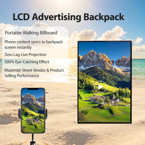 21.5 Inch Portable Lcd Backpack Signboards For Street Marketing Fly Setup Crisp Hd Touchscreen Digital Adboard showing live projection setup at beach.