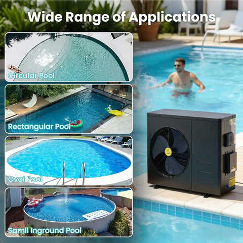 Extend Your Backyard Swim Season Way Past Late Summer With This Energy Smart Electric Pool Heat Pump Cranking Up Water Temps Smooth For Above Ground And Inground Pools Up To 12000 Gallons used in various pool shapes.