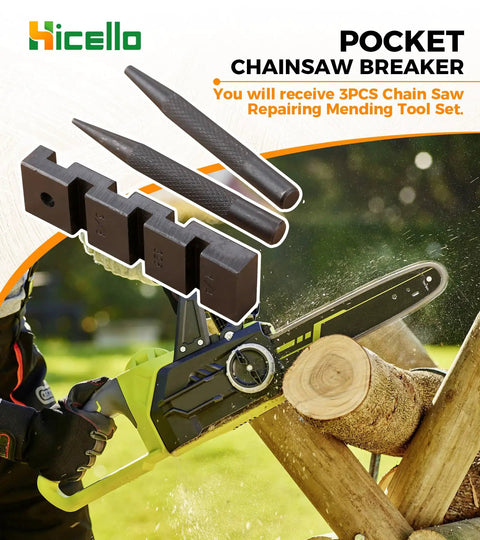 Three Piece Pocket Chainsaw Breaker Set For Chain Repair And Mending Rivet And Link Removal Tool Punch And Joiner Pro Grade Kit With Premium Carbon Steel Construction For Tough Field Work On The Go, displayed with drill and wooden log.