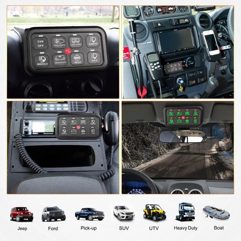 8 Gang Switch Panel for Trucks, SUVs, UTVs, and Boats, showing touch panel; dashboard installation with wiring harness visible.